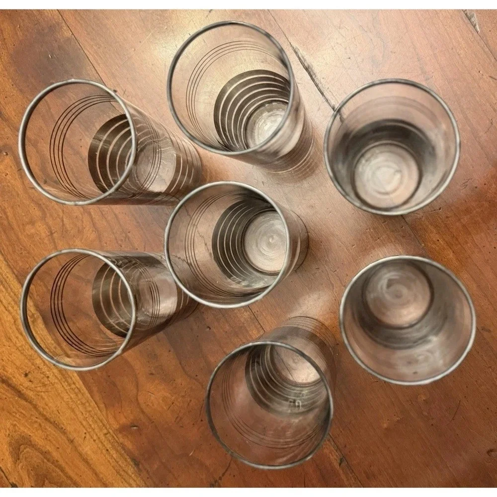 7 Vintage Mid-Century Modern Glass Silver Striped High Ball Tumblers 5 .5 X 2.5